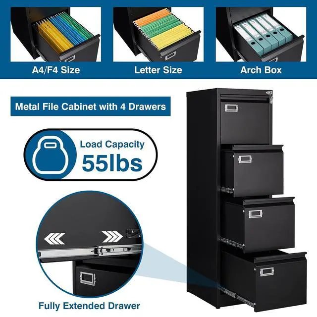 Alt view image 4 of 7 - 4 Drawer File Cabinet, Vertical Filing Cabinets with Lock, Metal File Cabinets for Home Office, Anti-Tip 4 Storage Drawers for Letter/Legal/A4/F4 Size (Assemble Required, Black)