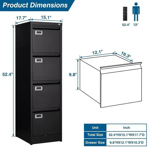 Alt view image 3 of 7 - 4 Drawer File Cabinet, Vertical Filing Cabinets with Lock, Metal File Cabinets for Home Office, Anti-Tip 4 Storage Drawers for Letter/Legal/A4/F4 Size (Assemble Required, Black)
