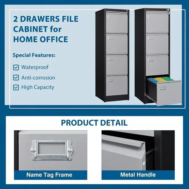 Alt view image 5 of 7 - 4 Drawer File Cabinet, Vertical Filing Cabinets with Lock, Metal File Cabinets for Home Office, Anti-Tip 4 Storage Drawers for Letter/Legal/A4/F4 Size (Assemble Required, Black)