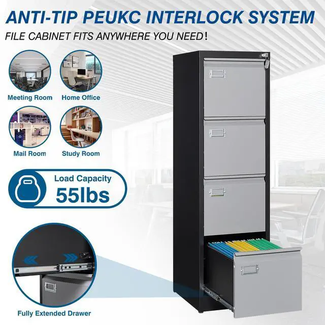 Alt view image 6 of 7 - 4 Drawer File Cabinet, Vertical Filing Cabinets with Lock, Metal File Cabinets for Home Office, Anti-Tip 4 Storage Drawers for Letter/Legal/A4/F4 Size (Assemble Required, Black)