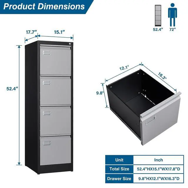 Alt view image 3 of 7 - 4 Drawer File Cabinet, Vertical Filing Cabinets with Lock, Metal File Cabinets for Home Office, Anti-Tip 4 Storage Drawers for Letter/Legal/A4/F4 Size (Assemble Required, Black)