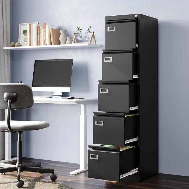 Alt view image 2 of 7 - 5-Drawer File Cabinet, 16.3" Deep Vertical Metal Filing Cabinet with Lock for Home Office, Anti-Tip 5 Storage Drawers for Letter/Legal/A4/F4 Size (Assemble Required, Black)