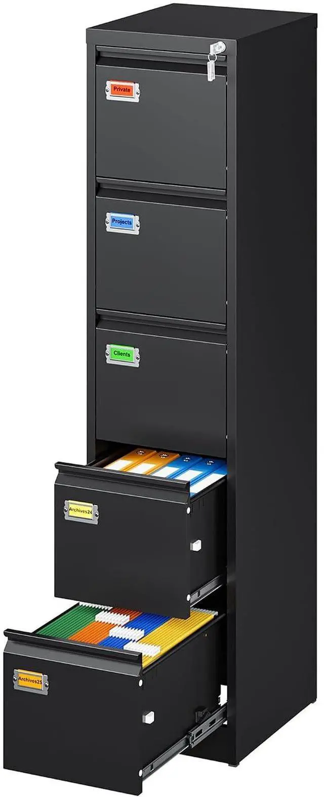 Main image of 5-Drawer File Cabinet, 16.3" Deep Vertical Metal Filing Cabinet with Lock for Home Office, Anti-Tip 5 Storage Drawers for Letter/Legal/A4/F4 Size (Assemble Required, Black)