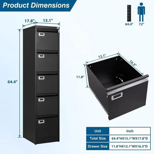 Alt view image 3 of 7 - 5-Drawer File Cabinet, 16.3" Deep Vertical Metal Filing Cabinet with Lock for Home Office, Anti-Tip 5 Storage Drawers for Letter/Legal/A4/F4 Size (Assemble Required, Black)