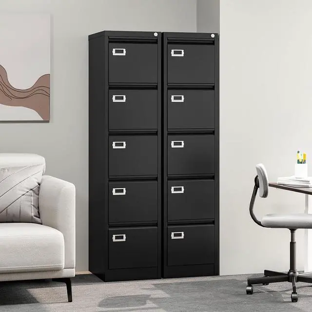 Alt view image 7 of 7 - 5-Drawer File Cabinet, 16.3" Deep Vertical Metal Filing Cabinet with Lock for Home Office, Anti-Tip 5 Storage Drawers for Letter/Legal/A4/F4 Size (Assemble Required, Black)
