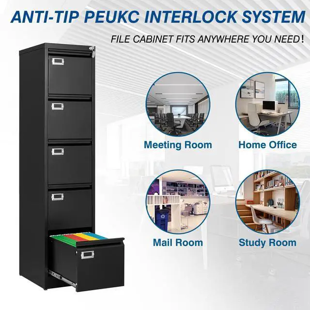 Alt view image 6 of 7 - 5-Drawer File Cabinet, 16.3" Deep Vertical Metal Filing Cabinet with Lock for Home Office, Anti-Tip 5 Storage Drawers for Letter/Legal/A4/F4 Size (Assemble Required, Black)