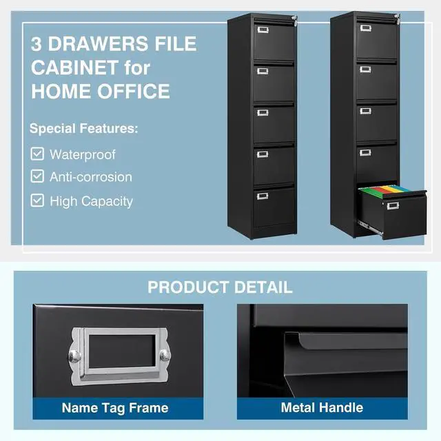 Alt view image 5 of 7 - 5-Drawer File Cabinet, 16.3" Deep Vertical Metal Filing Cabinet with Lock for Home Office, Anti-Tip 5 Storage Drawers for Letter/Legal/A4/F4 Size (Assemble Required, Black)