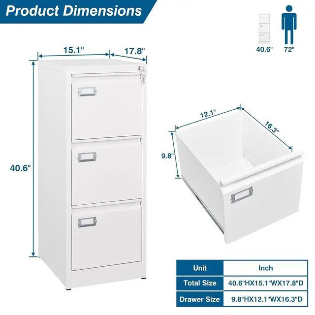 Alt view image 3 of 7 - 3-Drawer File Cabinet with Lock, 16.3" Deep Vertical Filing Cabinets, Metal File Cabinets for Home Office, Anti-Tip 3 Storage Drawers for Letter/Legal/A4/F4 Size (Assemble Required, White)