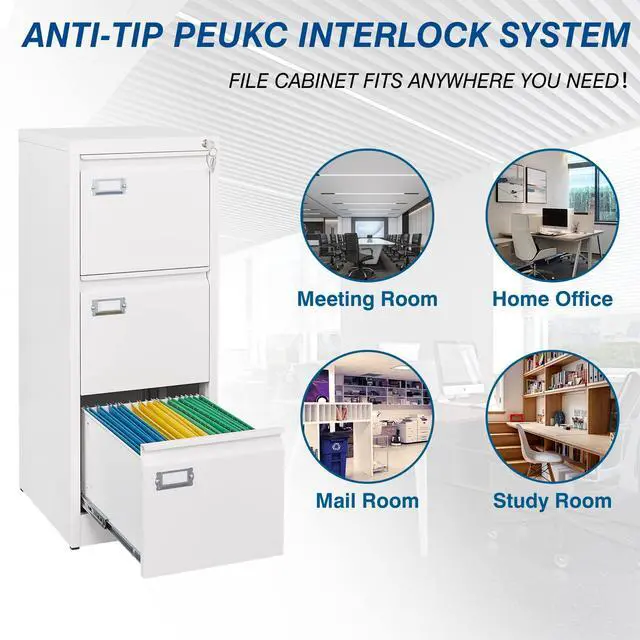 Alt view image 6 of 7 - 3-Drawer File Cabinet with Lock, 16.3" Deep Vertical Filing Cabinets, Metal File Cabinets for Home Office, Anti-Tip 3 Storage Drawers for Letter/Legal/A4/F4 Size (Assemble Required, White)
