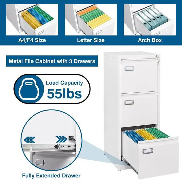 Alt view image 4 of 7 - 3-Drawer File Cabinet with Lock, 16.3" Deep Vertical Filing Cabinets, Metal File Cabinets for Home Office, Anti-Tip 3 Storage Drawers for Letter/Legal/A4/F4 Size (Assemble Required, White)