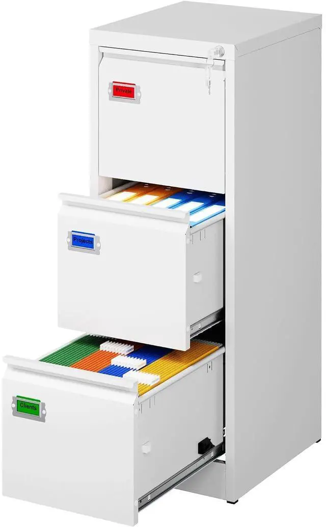 Main image of 3-Drawer File Cabinet with Lock, 16.3" Deep Vertical Filing Cabinets, Metal File Cabinets for Home Office, Anti-Tip 3 Storage Drawers for Letter/Legal/A4/F4 Size (Assemble Required, White)