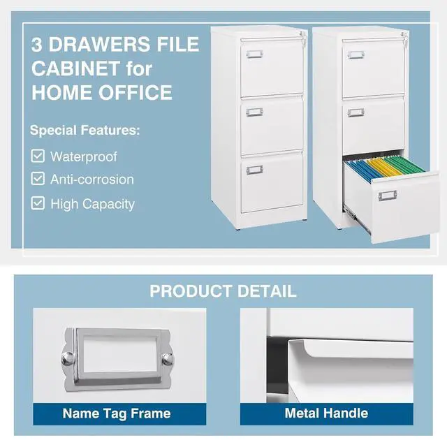 Alt view image 5 of 7 - 3-Drawer File Cabinet with Lock, 16.3" Deep Vertical Filing Cabinets, Metal File Cabinets for Home Office, Anti-Tip 3 Storage Drawers for Letter/Legal/A4/F4 Size (Assemble Required, White)