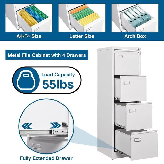 Alt view image 4 of 7 - 4-Drawer File Cabinet, 16.3" Deep Vertical Filing Cabinet with Lock, Metal File Cabinet for Home Office, Anti-Tip 4 Storage Drawers for Letter/Legal/A4/F4 Size (Assemble Required, White)