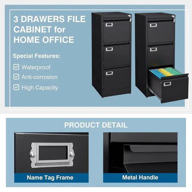Alt view image 5 of 7 - 3-Drawer File Cabinet, 16.3" Deep Vertical Filing Cabinet with Lock, Metal File Cabinet for Home Office, Anti-Tip 3 Storage Drawers for Letter/Legal/A4/F4 Size, Assembly Required, Black