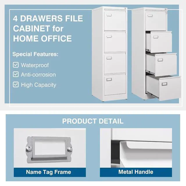 Alt view image 5 of 7 - 4-Drawer File Cabinet, 16.3" Deep Vertical Filing Cabinet with Lock, Metal File Cabinet for Home Office, Anti-Tip 4 Storage Drawers for Letter/Legal/A4/F4 Size (Assemble Required, White)