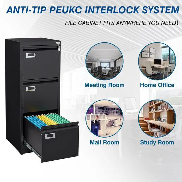 Alt view image 6 of 7 - 3-Drawer File Cabinet, 16.3" Deep Vertical Filing Cabinet with Lock, Metal File Cabinet for Home Office, Anti-Tip 3 Storage Drawers for Letter/Legal/A4/F4 Size, Assembly Required, Black
