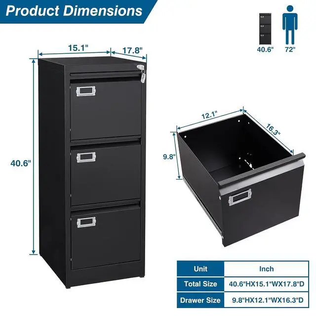 Alt view image 3 of 7 - 3-Drawer File Cabinet, 16.3" Deep Vertical Filing Cabinet with Lock, Metal File Cabinet for Home Office, Anti-Tip 3 Storage Drawers for Letter/Legal/A4/F4 Size, Assembly Required, Black