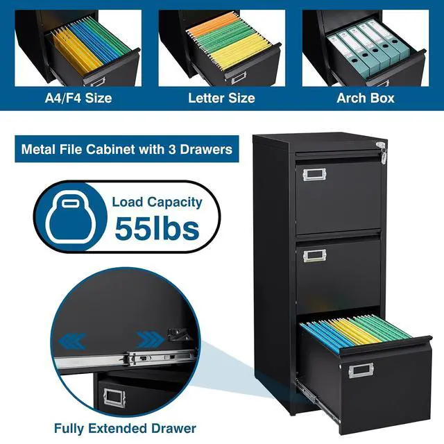 Alt view image 4 of 7 - 3-Drawer File Cabinet, 16.3" Deep Vertical Filing Cabinet with Lock, Metal File Cabinet for Home Office, Anti-Tip 3 Storage Drawers for Letter/Legal/A4/F4 Size, Assembly Required, Black