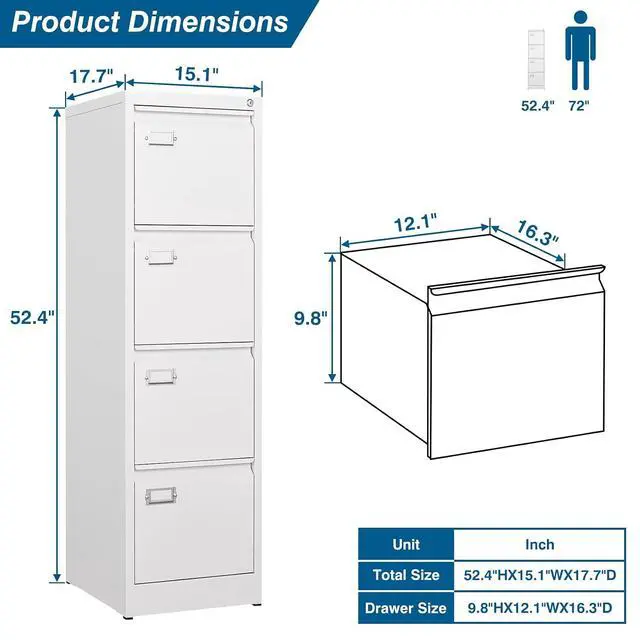 Alt view image 3 of 7 - 4-Drawer File Cabinet, 16.3" Deep Vertical Filing Cabinet with Lock, Metal File Cabinet for Home Office, Anti-Tip 4 Storage Drawers for Letter/Legal/A4/F4 Size (Assemble Required, White)