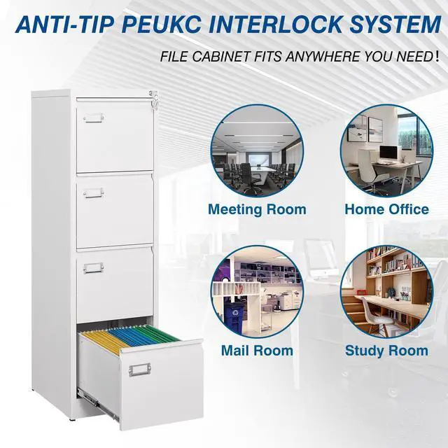 Alt view image 6 of 7 - 4-Drawer File Cabinet, 16.3" Deep Vertical Filing Cabinet with Lock, Metal File Cabinet for Home Office, Anti-Tip 4 Storage Drawers for Letter/Legal/A4/F4 Size (Assemble Required, White)