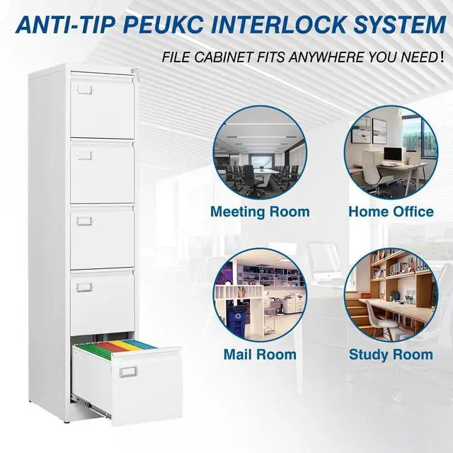 Alt view image 6 of 7 - 5-Drawer File Cabinet, 16.3" Deep Vertical Metal Filing Cabinet with Lock for Home Office, Anti-Tip 5 Storage Drawers for Letter/Legal/A4/F4 Size (Assemble Required, White)