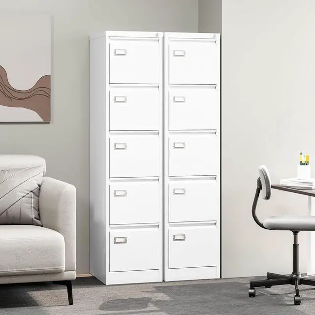 Alt view image 7 of 7 - 5-Drawer File Cabinet, 16.3" Deep Vertical Metal Filing Cabinet with Lock for Home Office, Anti-Tip 5 Storage Drawers for Letter/Legal/A4/F4 Size (Assemble Required, White)