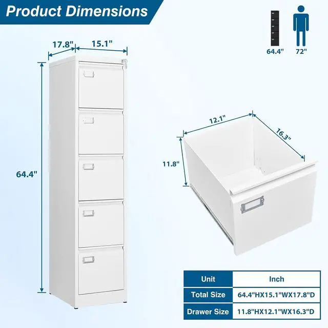 Alt view image 3 of 7 - 5-Drawer File Cabinet, 16.3" Deep Vertical Metal Filing Cabinet with Lock for Home Office, Anti-Tip 5 Storage Drawers for Letter/Legal/A4/F4 Size (Assemble Required, White)