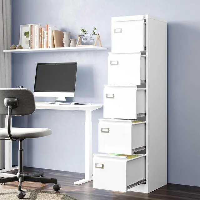 Alt view image 2 of 7 - 5-Drawer File Cabinet, 16.3" Deep Vertical Metal Filing Cabinet with Lock for Home Office, Anti-Tip 5 Storage Drawers for Letter/Legal/A4/F4 Size (Assemble Required, White)