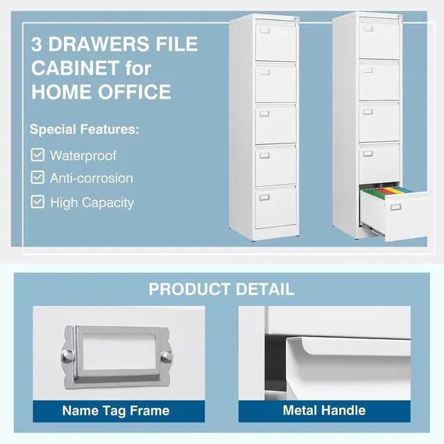 Alt view image 5 of 7 - 5-Drawer File Cabinet, 16.3" Deep Vertical Metal Filing Cabinet with Lock for Home Office, Anti-Tip 5 Storage Drawers for Letter/Legal/A4/F4 Size (Assemble Required, White)