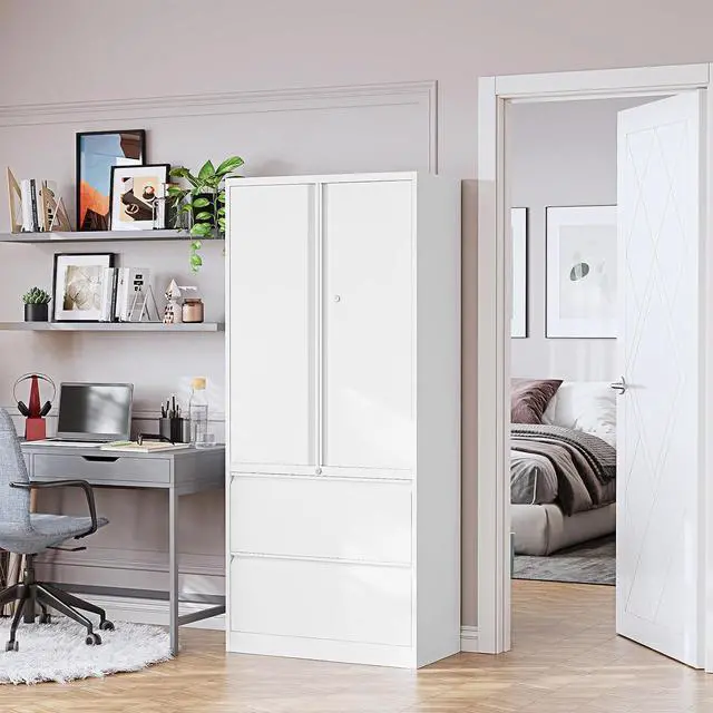 Alt view image 2 of 7 - 2-Drawer Metal File Cabinet, Lateral Vertical Filing Cabinets for Home Office, Locking File Cabinet with Storage Shelves, Legal/Letter/A4 Size (White, Assemble Required)