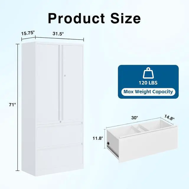 Alt view image 3 of 7 - 2-Drawer Metal File Cabinet, Lateral Vertical Filing Cabinets for Home Office, Locking File Cabinet with Storage Shelves, Legal/Letter/A4 Size (White, Assemble Required)