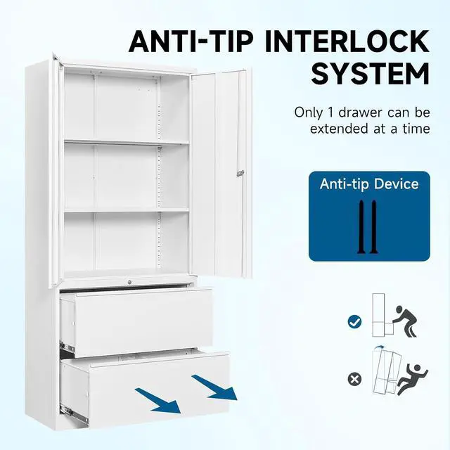Alt view image 6 of 7 - 2-Drawer Metal File Cabinet, Lateral Vertical Filing Cabinets for Home Office, Locking File Cabinet with Storage Shelves, Legal/Letter/A4 Size (White, Assemble Required)