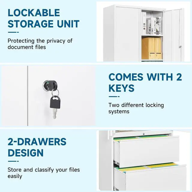 Alt view image 7 of 7 - 2-Drawer Metal File Cabinet, Lateral Vertical Filing Cabinets for Home Office, Locking File Cabinet with Storage Shelves, Legal/Letter/A4 Size (White, Assemble Required)