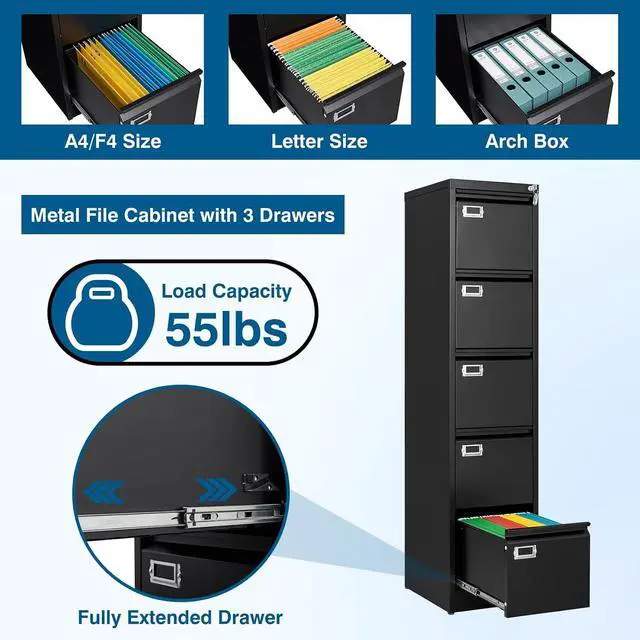 Alt view image 4 of 7 - 5-Drawer File Cabinet, 16.3" Deep Vertical Metal Filing Cabinet with Lock for Home Office, Anti-Tip 5 Storage Drawers for Letter/Legal/A4/F4 Size (Assemble Required, Black)