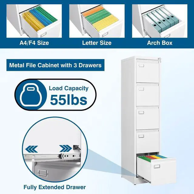 Alt view image 4 of 7 - 5-Drawer File Cabinet, 16.3" Deep Vertical Metal Filing Cabinet with Lock for Home Office, Anti-Tip 5 Storage Drawers for Letter/Legal/A4/F4 Size (Assemble Required, White)