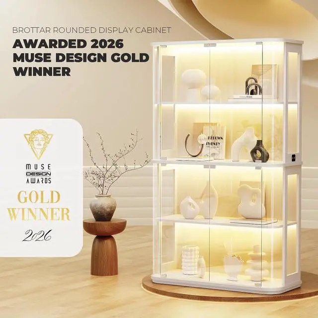 Alt view image 3 of 7 - Large Rounded Display Cabinet with Glass Door, 4-Tier Curio Cabinet with 3 Color Lights for Collectibles, Glass Display Case with Transparent Full-Display Surface, Human Body Sensor, White