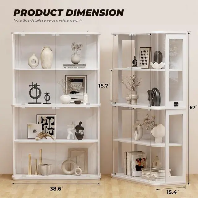 Alt view image 2 of 7 - Large Rounded Display Cabinet with Glass Door, 4-Tier Curio Cabinet with 3 Color Lights for Collectibles, Glass Display Case with Transparent Full-Display Surface, Human Body Sensor, White