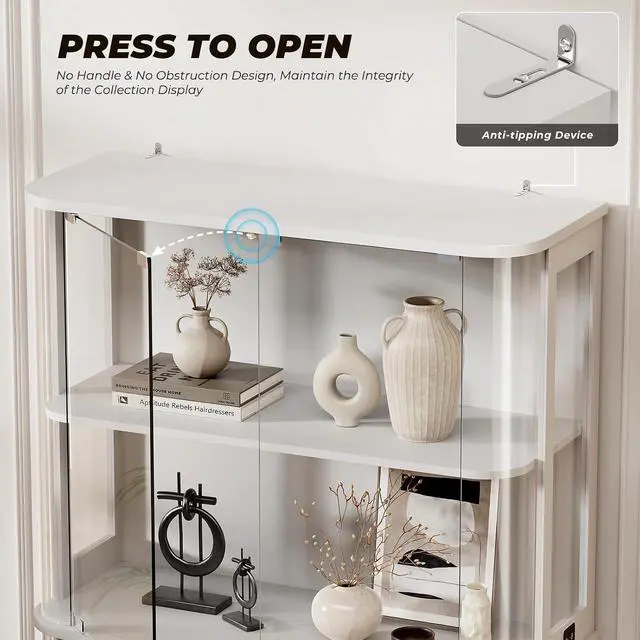 Alt view image 5 of 7 - Large Rounded Display Cabinet with Glass Door, 4-Tier Curio Cabinet with 3 Color Lights for Collectibles, Glass Display Case with Transparent Full-Display Surface, Human Body Sensor, White