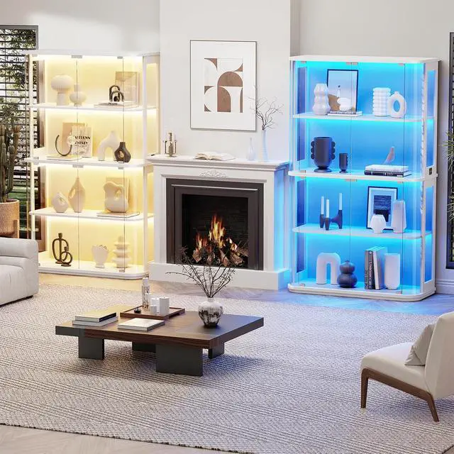 Alt view image 7 of 7 - Large Rounded Display Cabinet with Glass Door, 4-Tier Curio Cabinet with 3 Color Lights for Collectibles, Glass Display Case with Transparent Full-Display Surface, Human Body Sensor, White