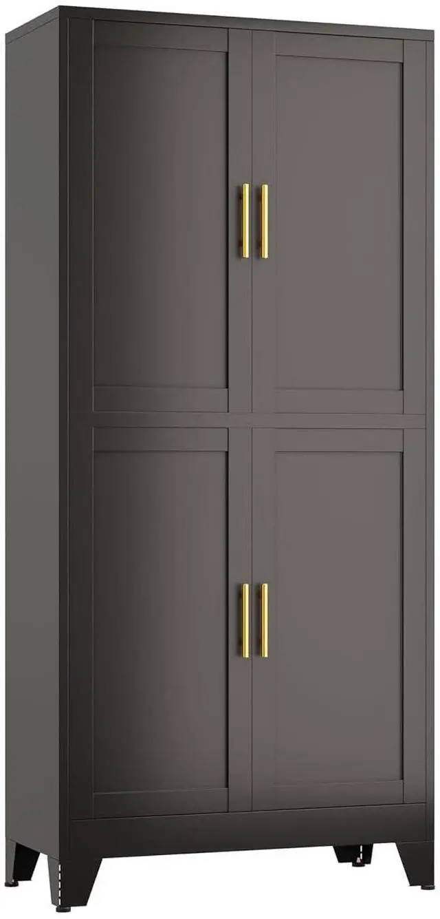 Main image of Black Storage Cabinet, Kitchen Pantry Cabinet with 4 Doors and 3 Adjustable Shelves, Pantry with Adjustable Leveling Foot for Kitchen, Living Room and Dinning Room. 47" H