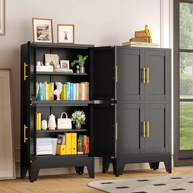 Alt view image 2 of 7 - Black Storage Cabinet, Kitchen Pantry Cabinet with 4 Doors and 3 Adjustable Shelves, Pantry with Adjustable Leveling Foot for Kitchen, Living Room and Dinning Room. 47" H