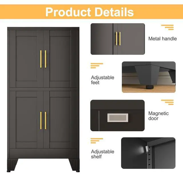 Alt view image 4 of 7 - Black Storage Cabinet, Kitchen Pantry Cabinet with 4 Doors and 3 Adjustable Shelves, Pantry with Adjustable Leveling Foot for Kitchen, Living Room and Dinning Room. 47" H