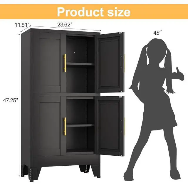 Alt view image 3 of 7 - Black Storage Cabinet, Kitchen Pantry Cabinet with 4 Doors and 3 Adjustable Shelves, Pantry with Adjustable Leveling Foot for Kitchen, Living Room and Dinning Room. 47" H