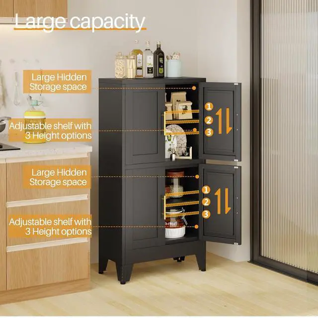 Alt view image 5 of 7 - Black Storage Cabinet, Kitchen Pantry Cabinet with 4 Doors and 3 Adjustable Shelves, Pantry with Adjustable Leveling Foot for Kitchen, Living Room and Dinning Room. 47" H