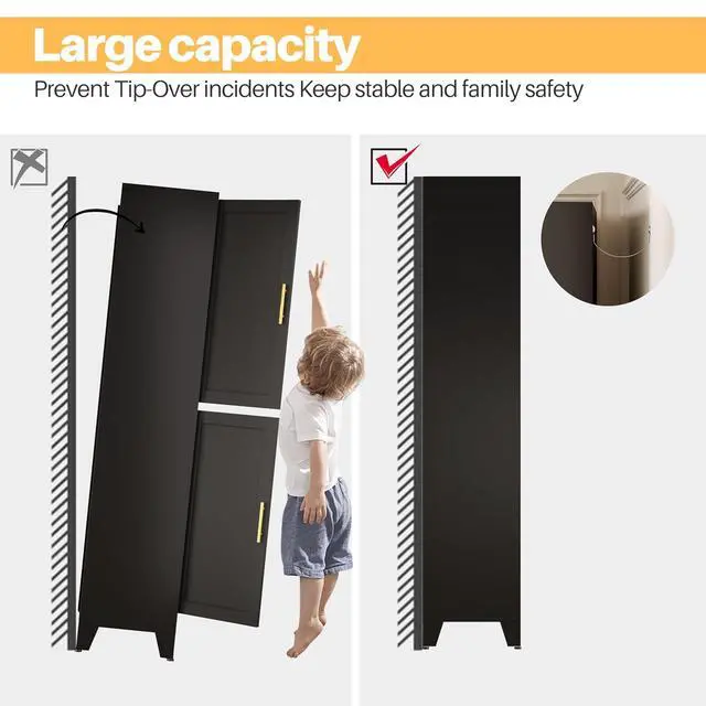 Alt view image 6 of 7 - Black Storage Cabinet, Kitchen Pantry Cabinet with 4 Doors and 3 Adjustable Shelves, Pantry with Adjustable Leveling Foot for Kitchen, Living Room and Dinning Room. 47" H