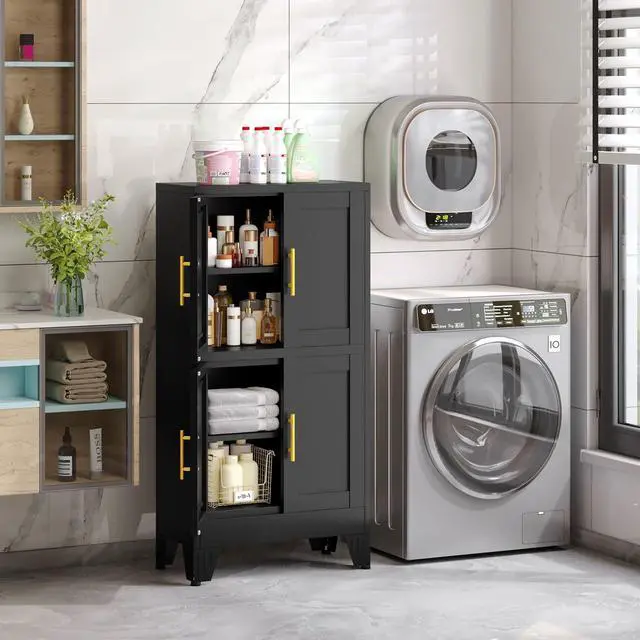 Alt view image 7 of 7 - Black Storage Cabinet, Kitchen Pantry Cabinet with 4 Doors and 3 Adjustable Shelves, Pantry with Adjustable Leveling Foot for Kitchen, Living Room and Dinning Room. 47" H
