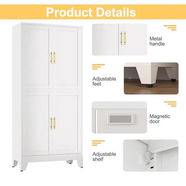 Alt view image 3 of 7 - White Metal Storage Cabinet, Pantry With 4 Doors and Adjustable Shelves, Leveling Foot for Kitchen, Living Room and Dinning Room, 75" H