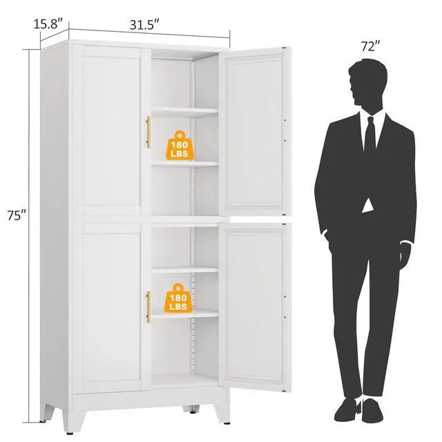 Alt view image 2 of 7 - White Metal Storage Cabinet, Pantry With 4 Doors and Adjustable Shelves, Leveling Foot for Kitchen, Living Room and Dinning Room, 75" H