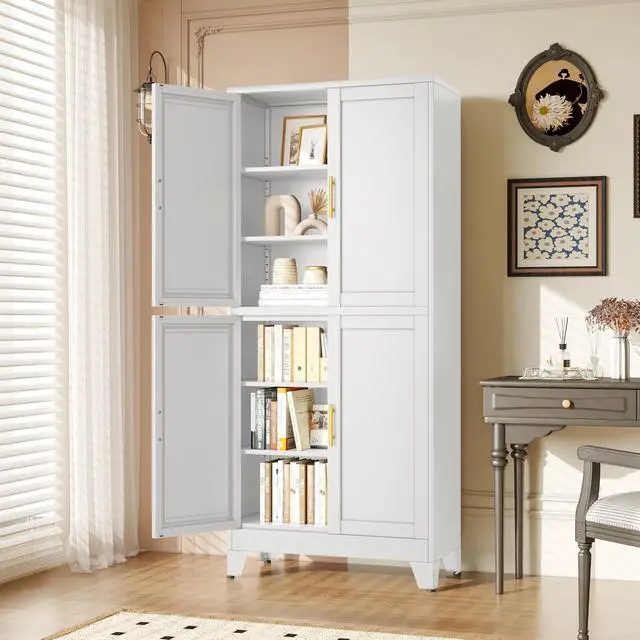 Alt view image 4 of 7 - White Metal Storage Cabinet, Pantry With 4 Doors and Adjustable Shelves, Leveling Foot for Kitchen, Living Room and Dinning Room, 75" H