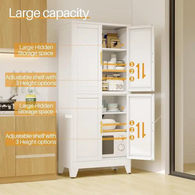 Alt view image 5 of 7 - White Metal Storage Cabinet, Pantry With 4 Doors and Adjustable Shelves, Leveling Foot for Kitchen, Living Room and Dinning Room, 75" H